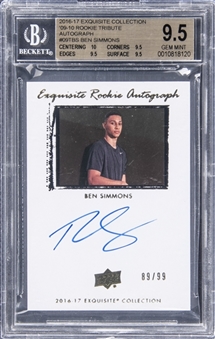 2016-17 Upper Deck Exquisite Collection "09-10 Rookie Tribute" Rookie Autographs #09TBS Ben Simmons Signed Rookie Card (#89/99) - BGS GEM MINT 9.5, BGS 10